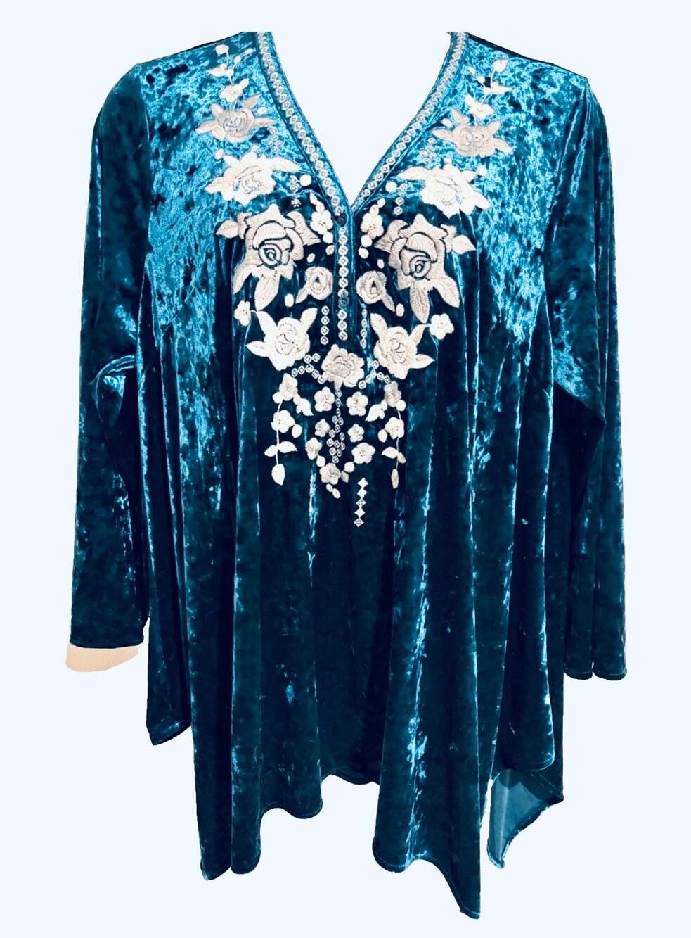 Unit by Andree Teal Crushed Velvet Floral Embroidered Tunic
